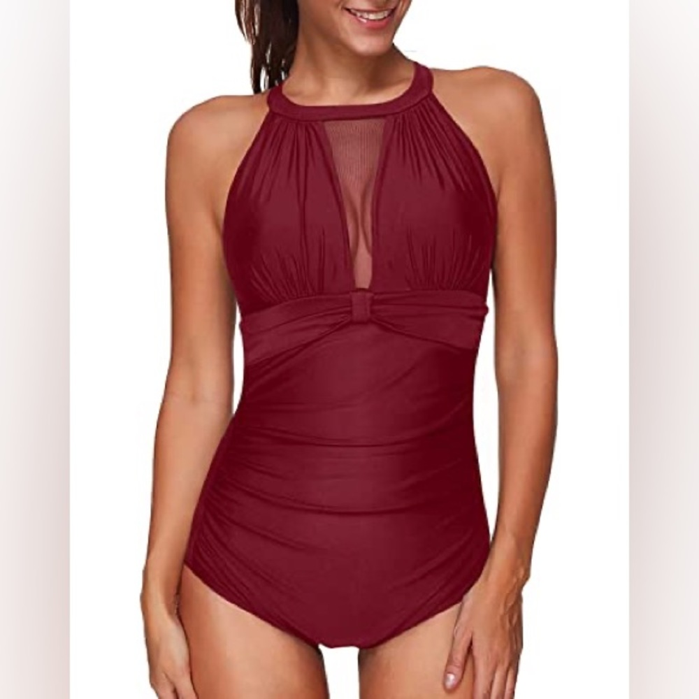 I2CRAZY Womens One Piece Swimsuit Mesh V Neck Monokini w tummy control NWT